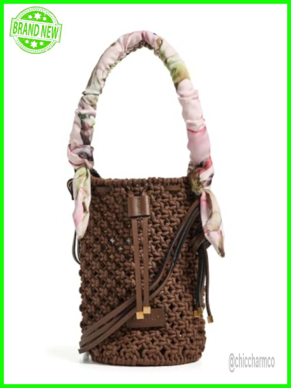 Macrame Shoulder Bag Bucket Drawstring Floral Top Handle Adjustable Strap